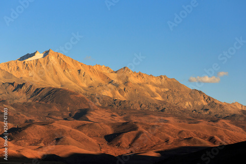 Abstract Landscape. Blue Open Sky  High Altitude Brown Mountains and Hills in the distance. Minimal Background  Open Space  Negative Space. Sichuan Province China. Tibetan Plateau Landscape