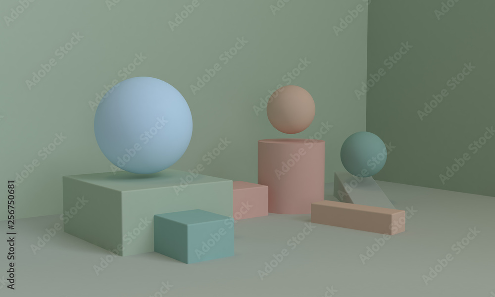Fototapeta premium Minimalist pastel Sphere and cube geometrical abstract background, pastel colors , 3D render, trend poster, Illustration.