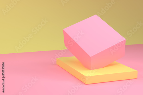 Minimalist Pink cube geometrical abstract background, pastel colors,  3D render, trend poster, Illustration.