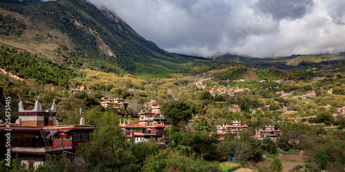 Danba County, Sichuan Province China. Zhonglu Township, Architectural Style of Jiuaju Ancient Tibetan Village. Traditional Tibetan buildings, Suopo towers, beautiful Chinese countryside. Wild West photo