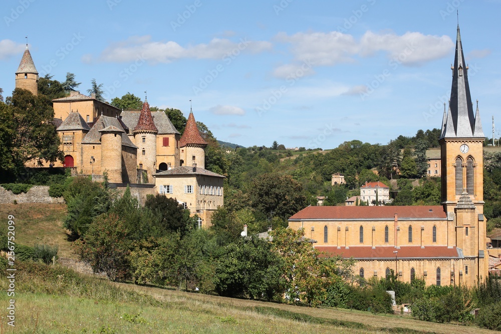 Village of Jarnioux in Beaujolais with his castle, France