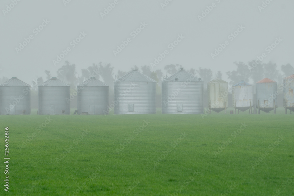 Row of silos through mist