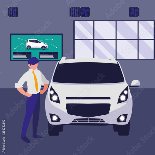 businessman with car in the workshop