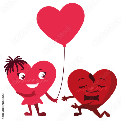 couple hearts with ballon helium kawaii characters