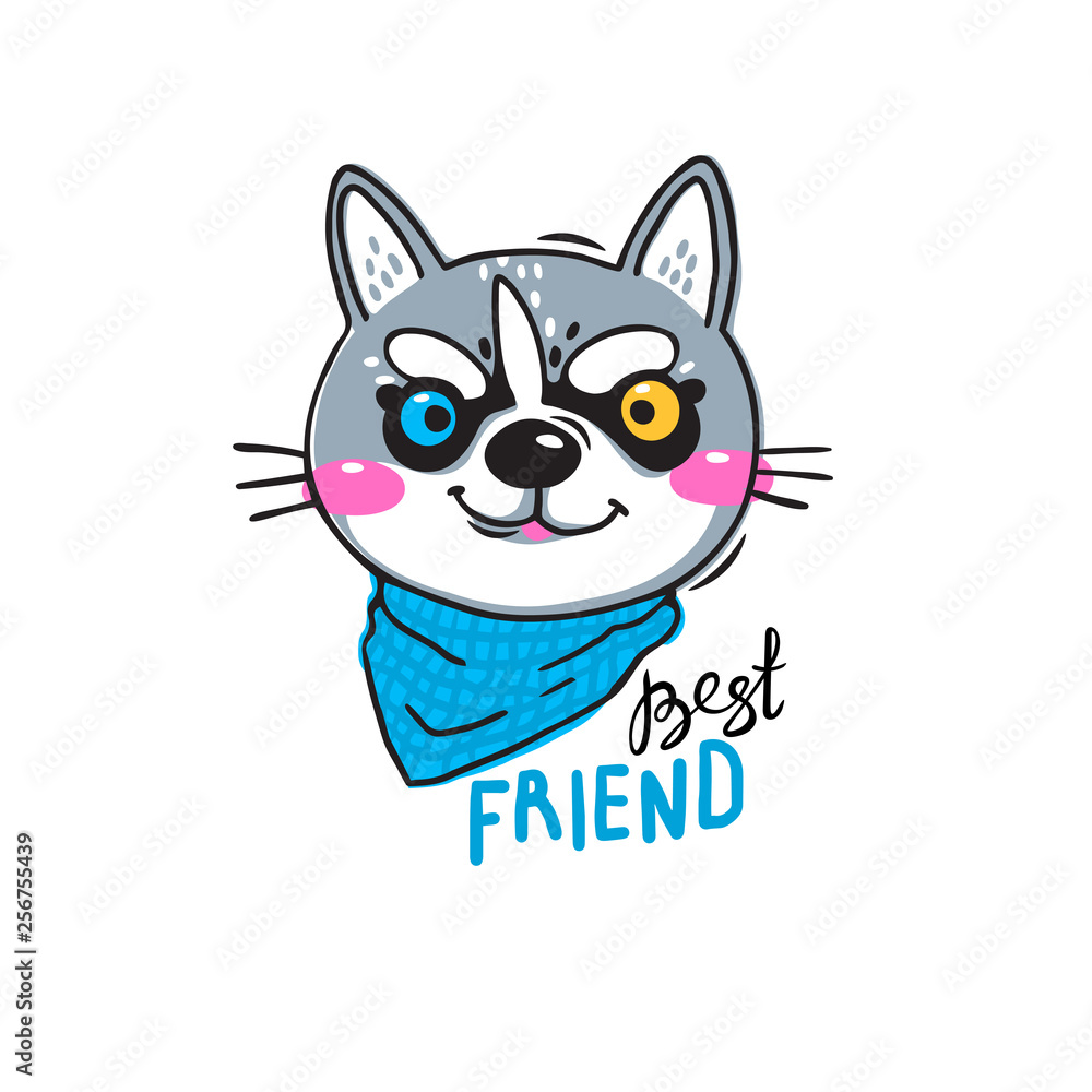 Obraz premium Portrait husky puppy best friend. Print for t-shirt design, covers, cards. Vector illustration in cartoon style