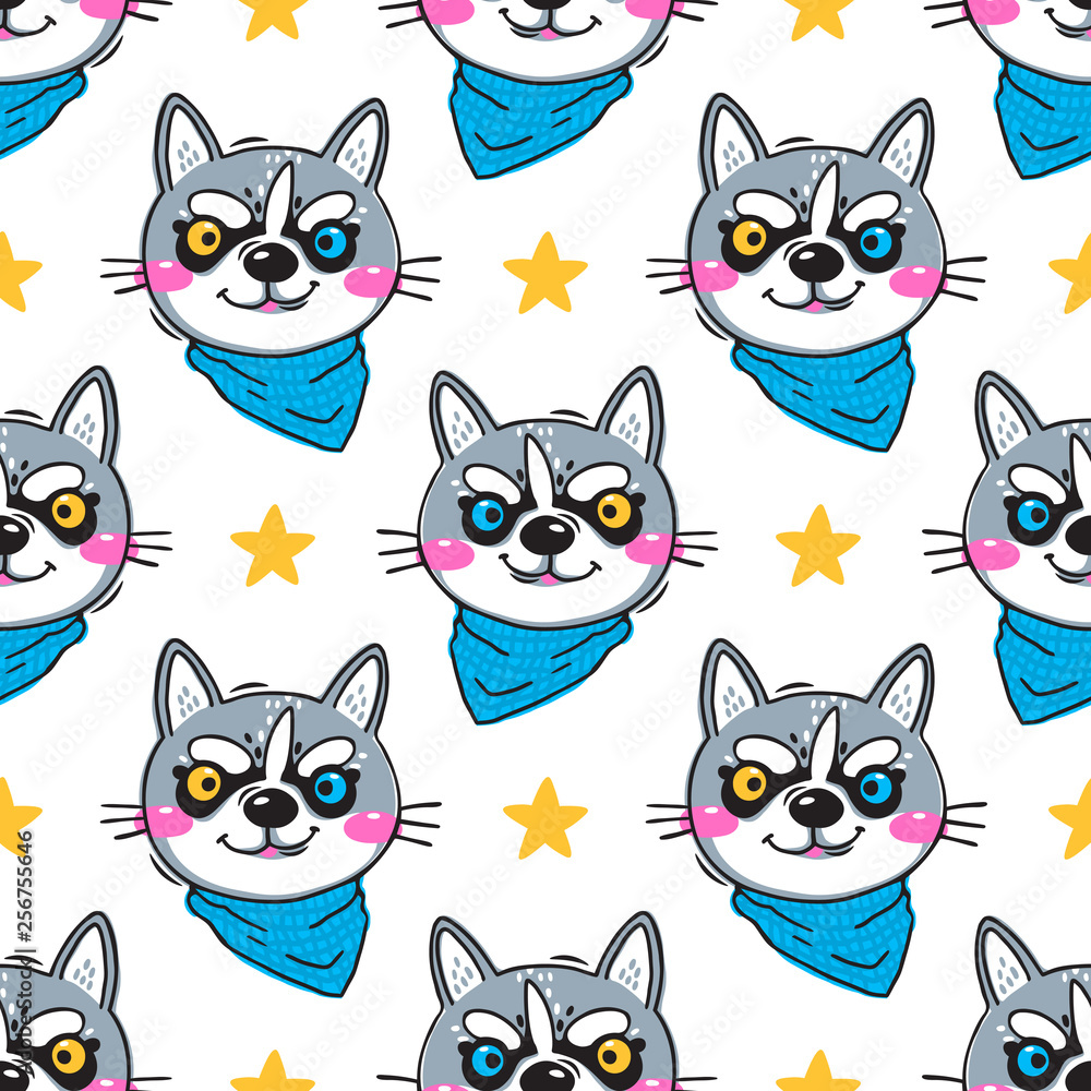 Portrait husky puppys. Dog in a bandana around his neck. Seamless pattern in cartoon style Portrait husky puppys. Dog in a bandana around his neck. Seamless pattern in cartoon style