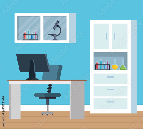 chemistry office with microscope and computer technology