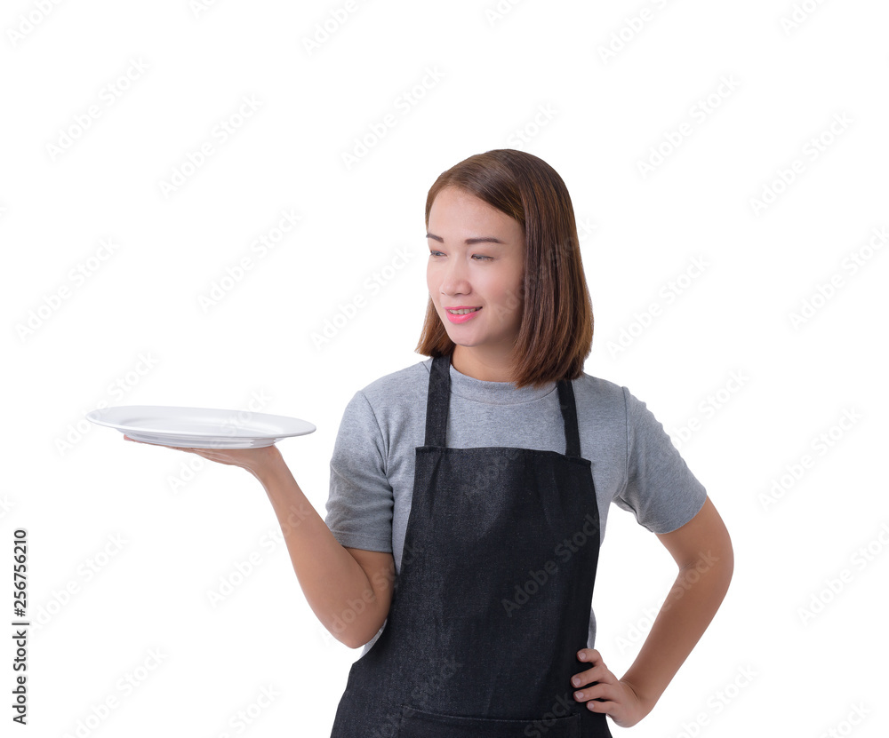waitress, delivery woman or Servicewoman in Gray shirt and apron isolated on white background waitress, delivery woman or Servicewoman in Gray shirt and apron isolated on white background