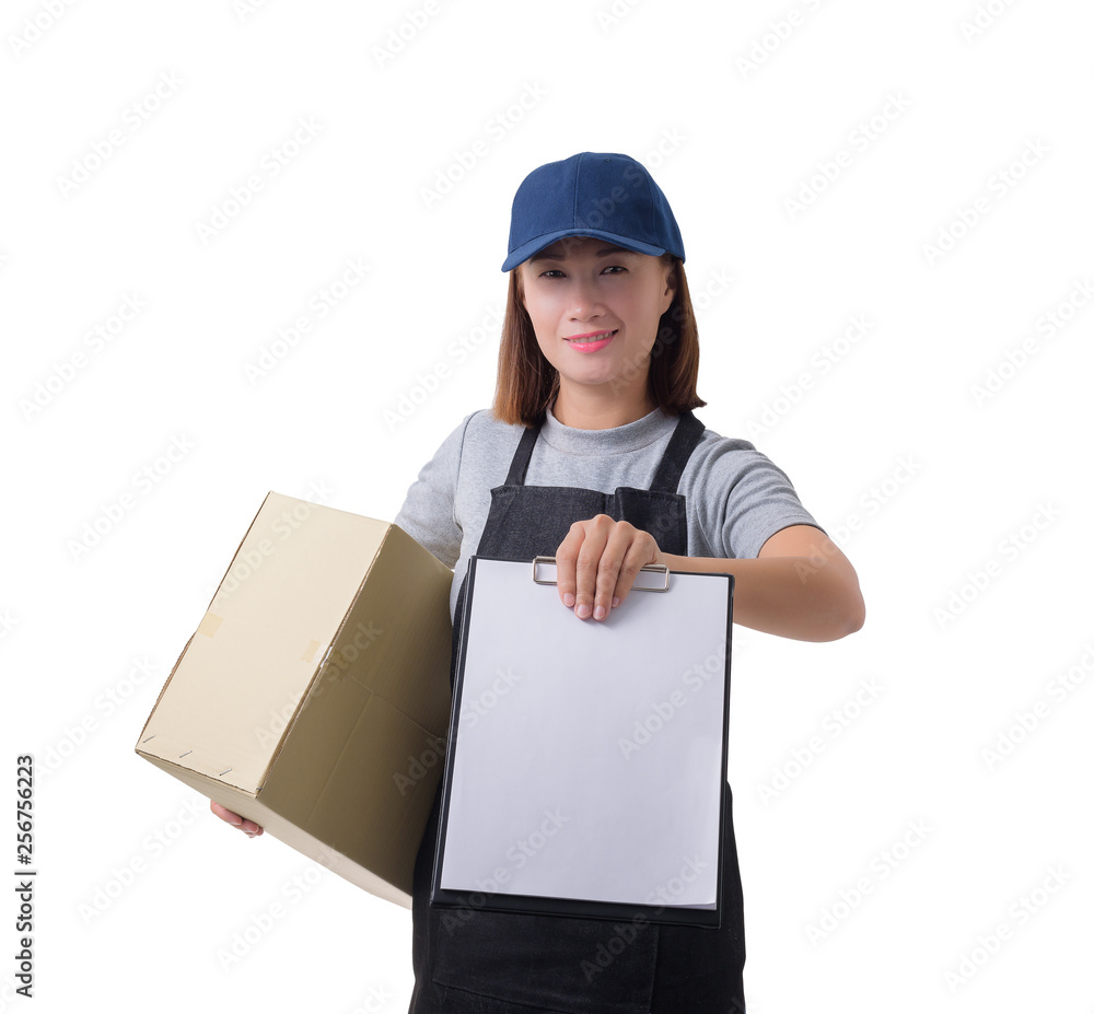 delivery woman in Gray shirt and apron with stack of boxes is carrying parcel and presenting receiving form isolated