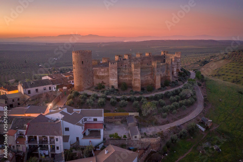 Castillo de Bury Al-Hammam in Banos de la Encina La Mancha province Spain old medieval castle with 14 towers from the air