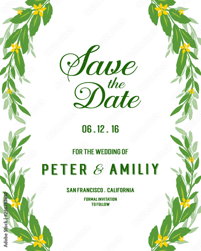 Vector illustration shape green leafy flower frame with marriage invitation card