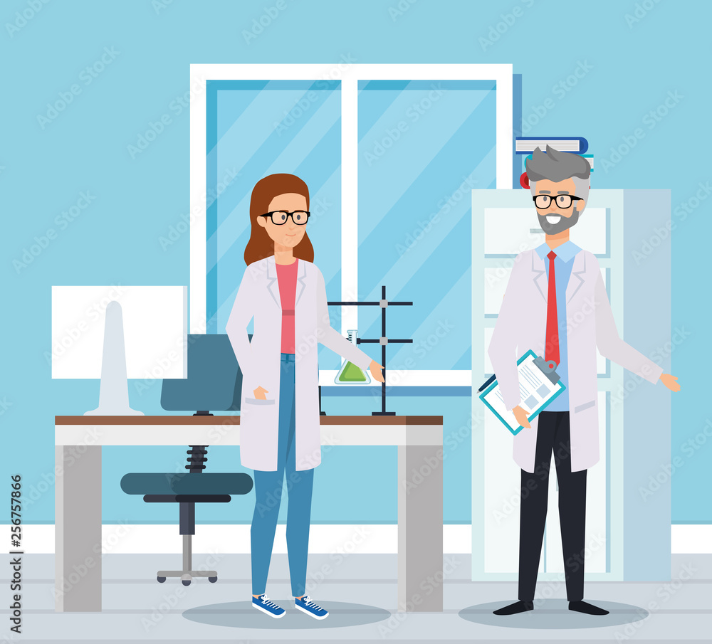 woman and old man chemists with tubes test woman and old man chemists with tubes test