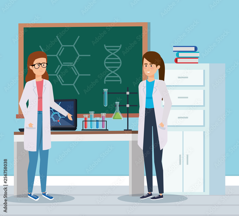 women chemists with erlenmeyer flask and books women chemists with erlenmeyer flask and books
