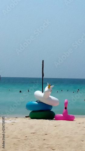 Drawing of colored Inflatable water toy against the sea on the sand beach