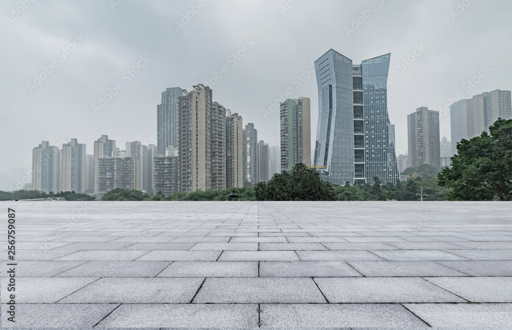 empty brick floor and cityscape of modern city near , shuzhou,