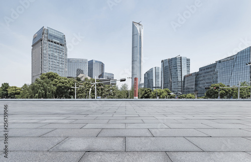 empty brick floor and cityscape of modern city nea