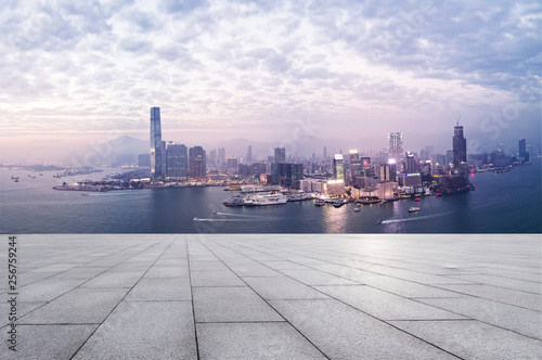 empty brick floor and cityscape of modern city near ,hangzhou