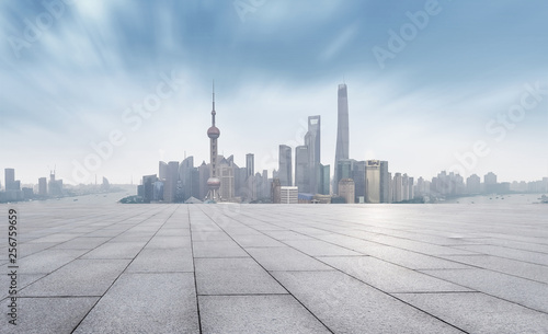 empty brick floor and cityscape of modern city near   shanghai