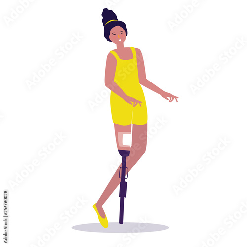 Disabled beautiful girl woman satisfied positive with disability. Vector illustration of pretty in world disability day play ballet danceng walking