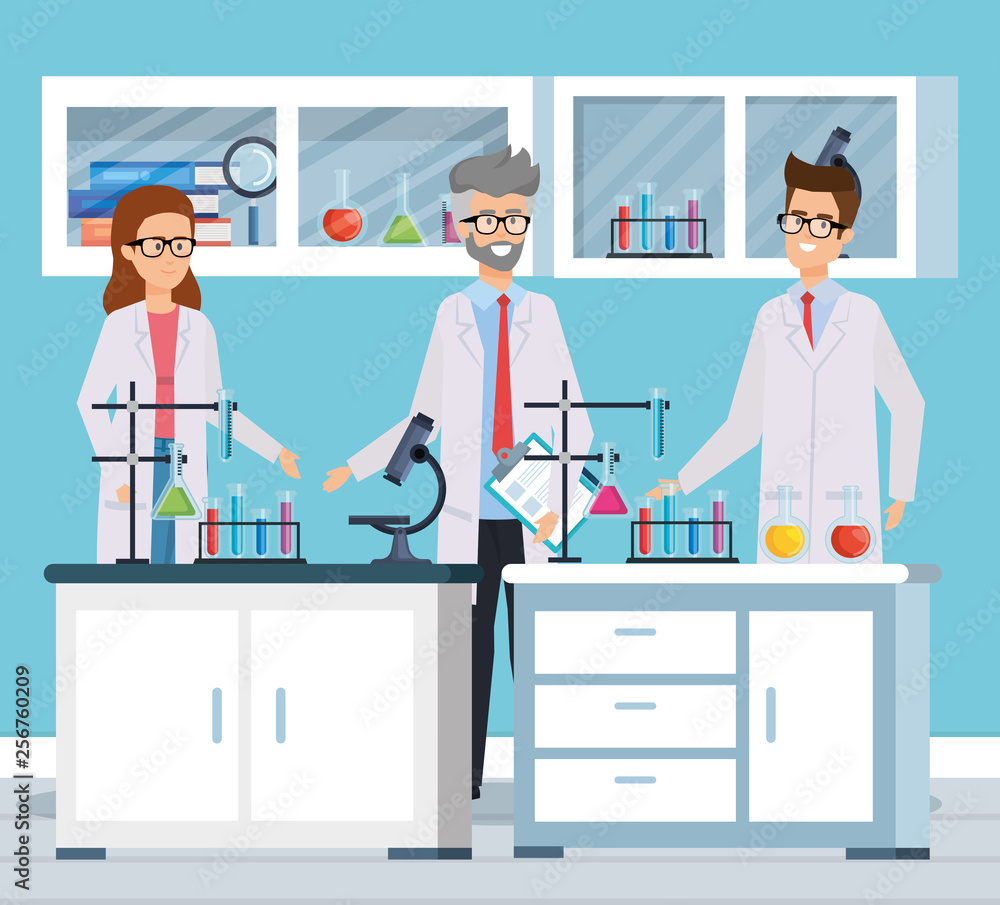 woman and men with microscope and tubes test woman and men with microscope and tubes test