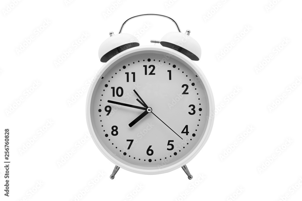 Close up White Alarm Clock isolated Placed on a white background. White retro alarm clock on isolated background Close up White Alarm Clock isolated Placed on a white background. White retro alarm clock on isolated background