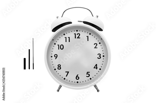 Iconic alarm clock and clock hands isolated on white