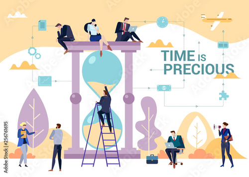 The importance of time in business concept flat vector illustration with people gathered around sand clock. Task management and productivity theme with Time is Precious sign.