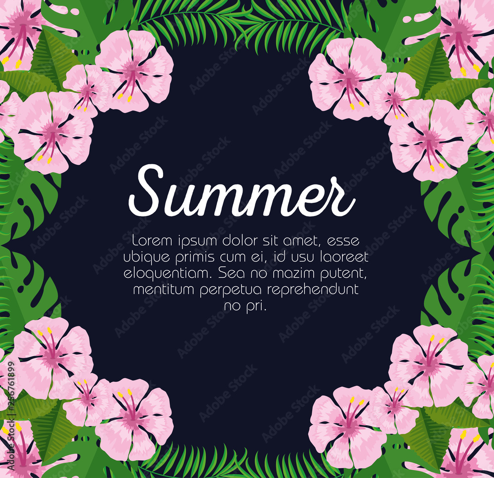 summer card with exotic flowers and leaves