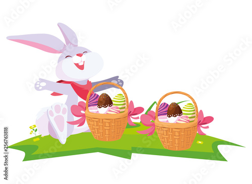 cute rabbit easter with eggs painted in basket