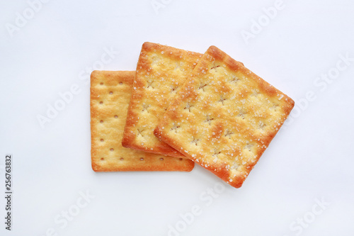 Stacked Cracker biscuit on white background. Close up.