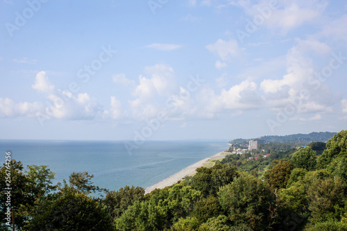 Beach, sea from the lookout. Georgia, the Black Sea. Green thickets, plants. heavenly place. Paradise. August 2018. Tourism, Botanical Garden, Batumi.