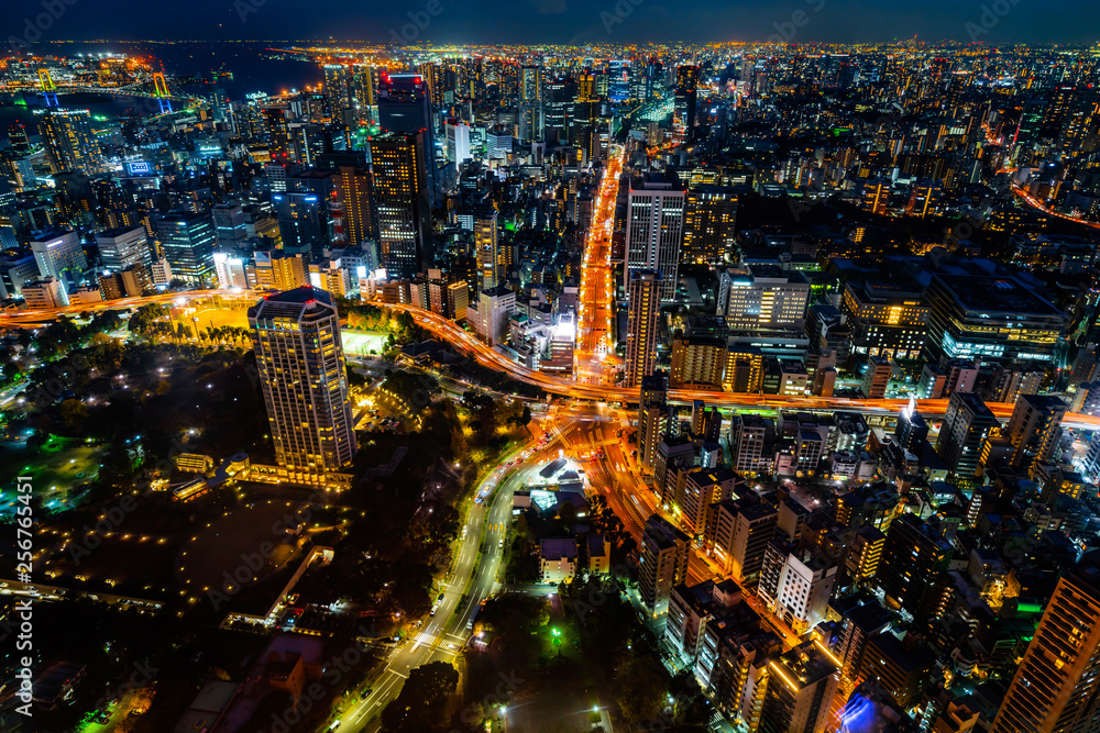 city skyline aerial night view in Tokyo, Japan