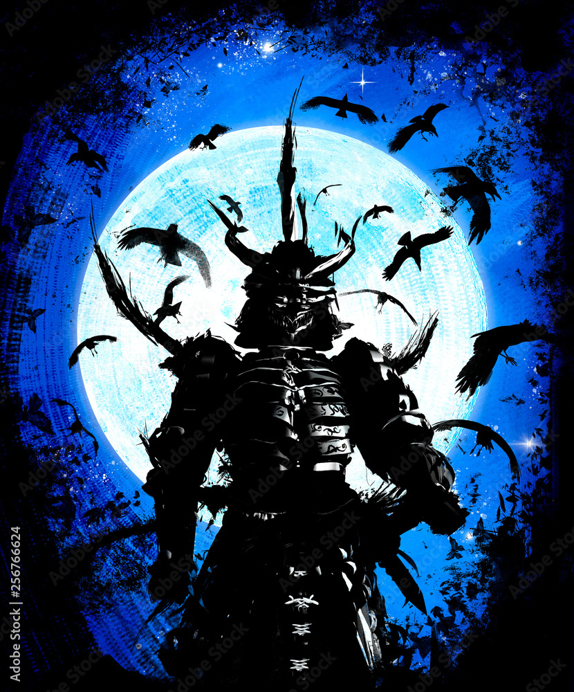Samurai in a sinister mask stands against the moon surrounded by a flock of crows