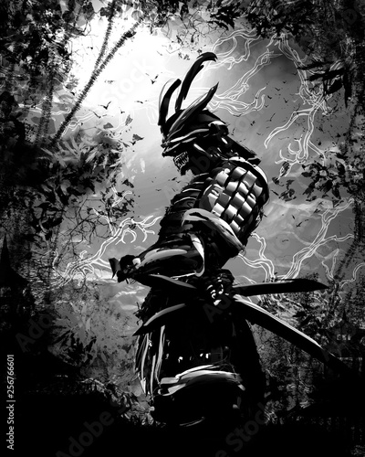 Quadro su tela Black silhouette of a Japanese warrior against the night forest