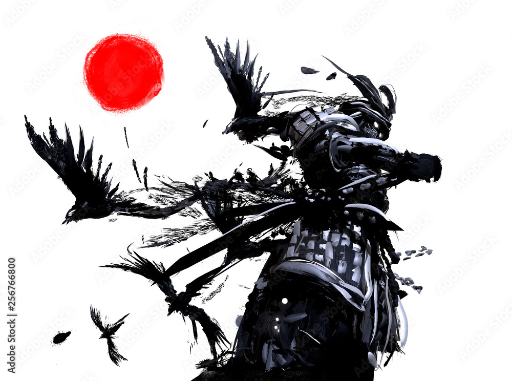 Samurai stands against a white sky with a red sun, from his back flies a  flock of crows Stock Illustration | Adobe Stock