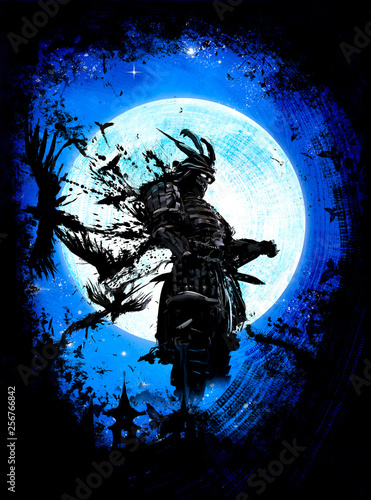 Sinister samurai stands proudly against the background of a huge moon