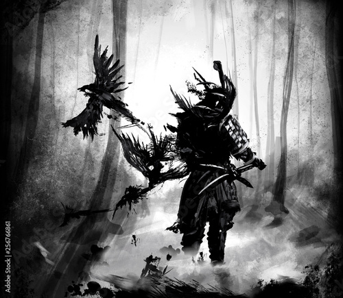 Ronin stands in the woods with his hand on his sword