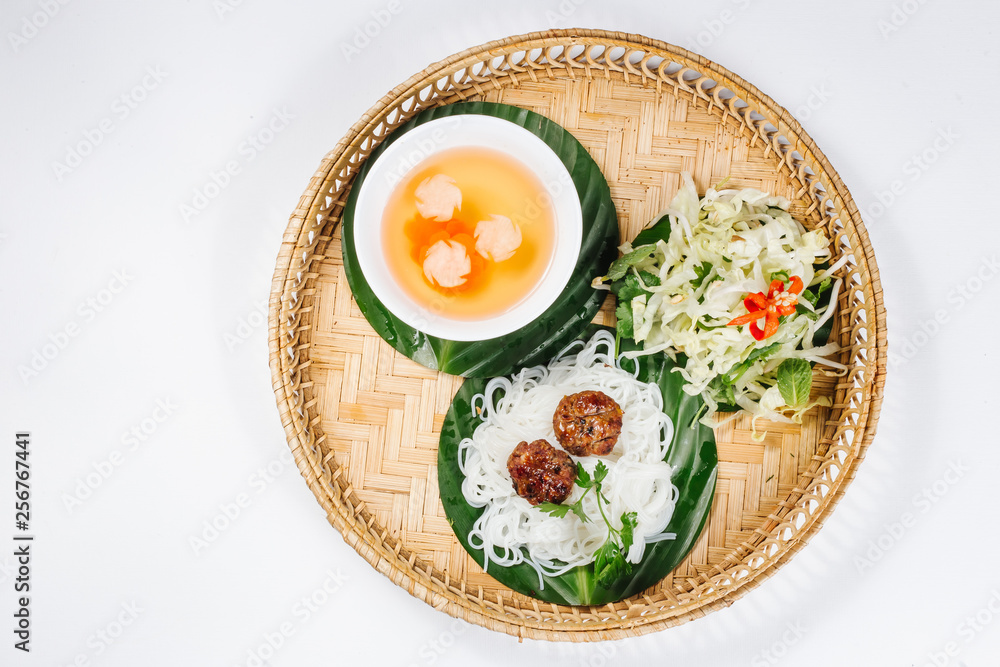 Traditional oriental cuisine of  Vietnam. Bun cha rice noodles with meat steak and bean sprouts