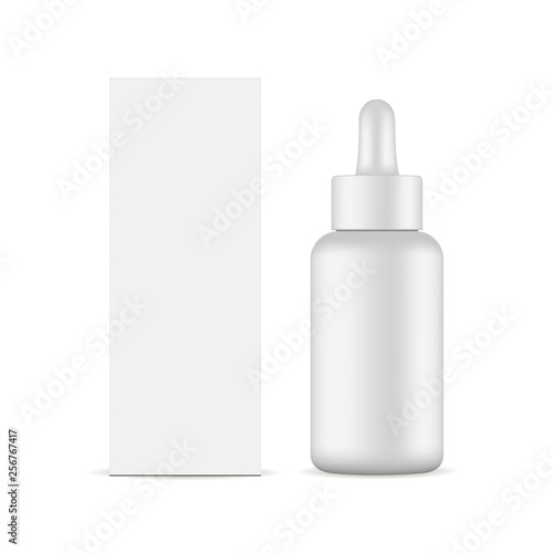 Dropper bottle with packaging box mockup isolated on white background - front view. Vector illustration