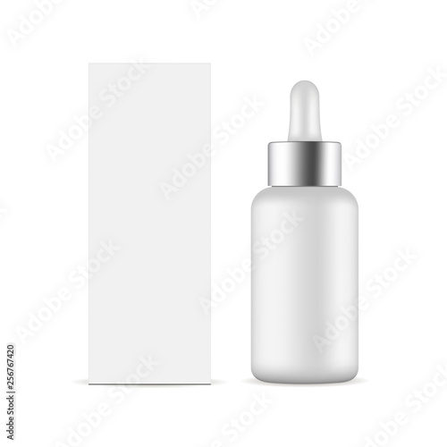 Dropper bottle with metal cap and packaging box mockup isolated on white background. Vector illustration