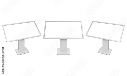 Interactive digital table, information kiosk with blank touch screen. Vector illustration