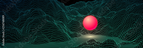 Landscape with wireframe grid of 80s styled retro computer game 