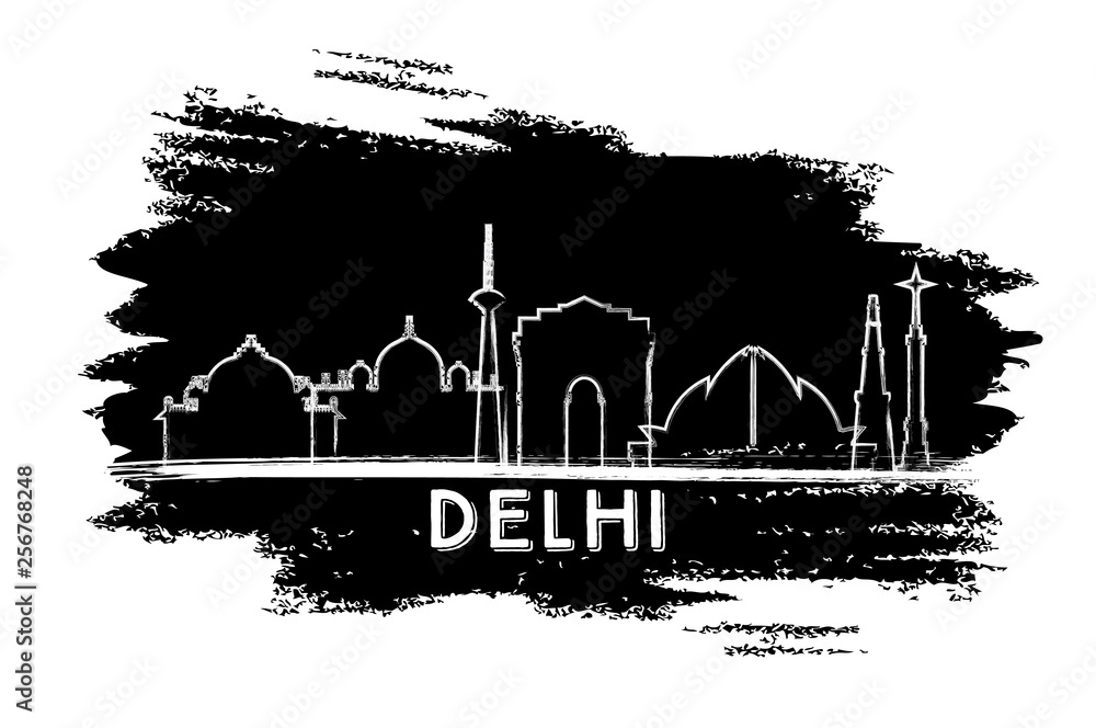 Delhi India City Skyline Silhouette. Hand Drawn Sketch.