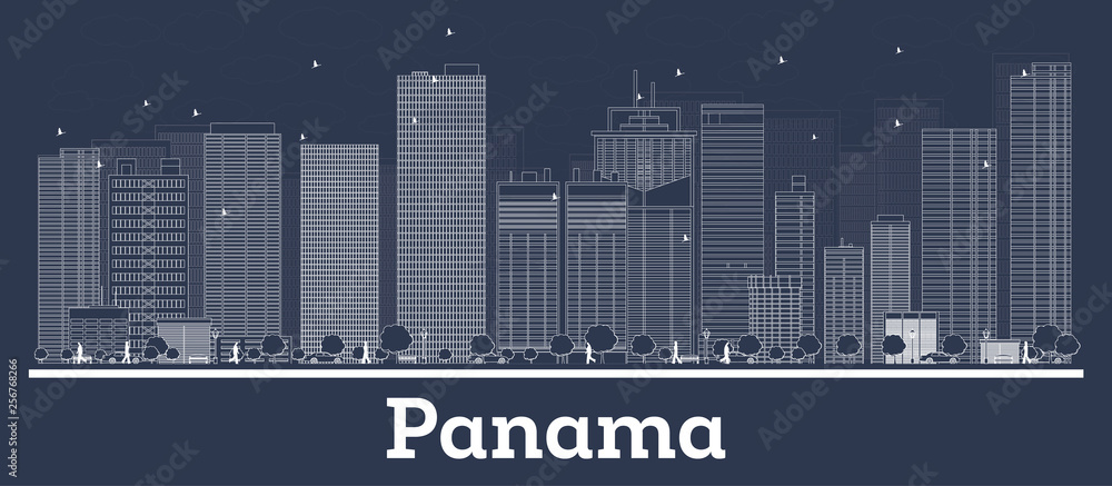 Outline Panama City Skyline with White Buildings.