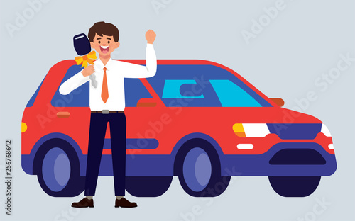 young worker get his first car, businessman get surprise a new car, young businessman get door prize brand new car, vector illustration for poster, banner, web