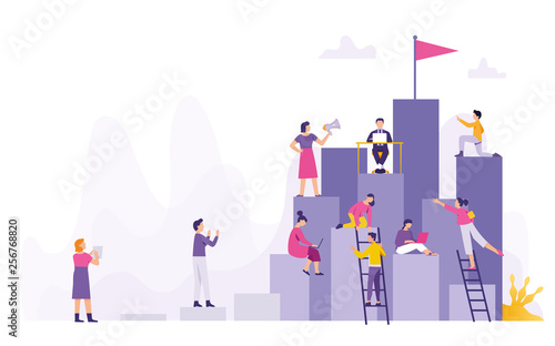 a group of people work together towards a common point of success, teams from various fields of cooperation work towards the peak of success,  team target's achievement