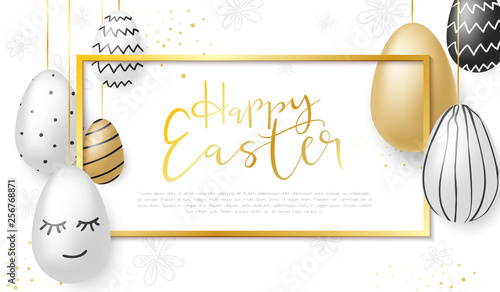 Vector illustration of easter day greetings banner template with hand lettering label - happy easter- with realistic white, black and gold eggs