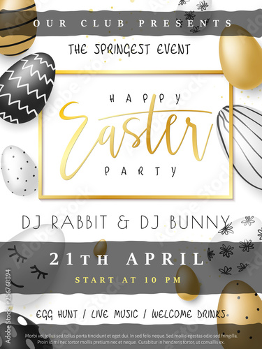 Vector illustration of easter day invitation party poster template with hand lettering label - happy easter- with realistic eggs