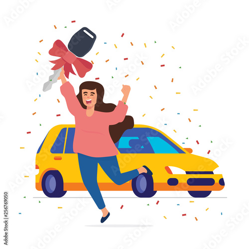 young worker get his first car, businessman get surprise a new car, young businessman get door prize brand new car, vector illustration for poster, banner, web