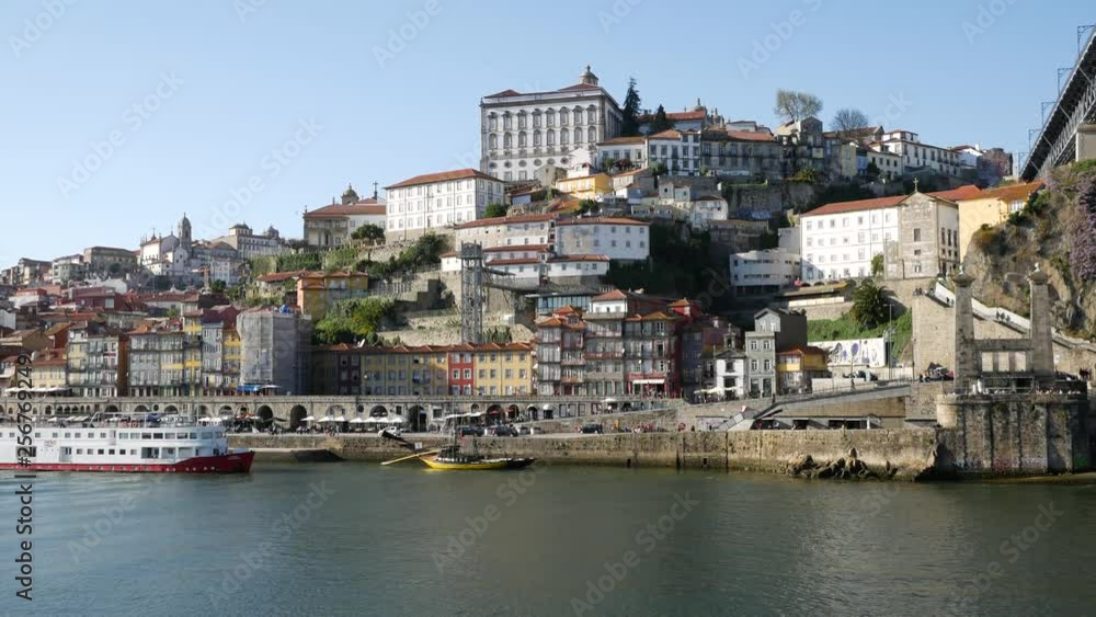 Wide angle cityscape over Douro river and Porto in Portugal on a bright sunny day with blue sky. Wide angle cityscape over Douro river and Porto in Portugal on a bright sunny day with blue sky.